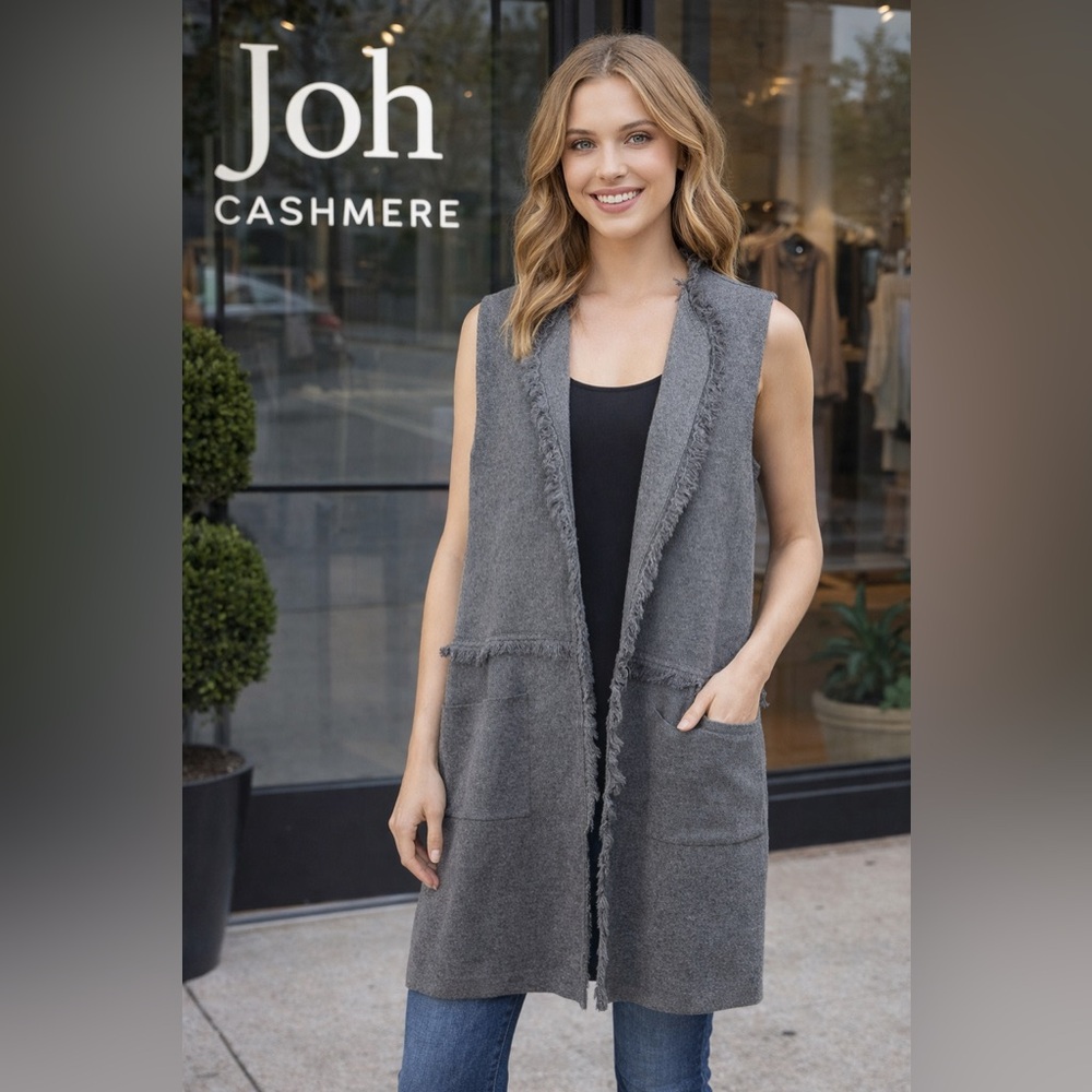 Joh Cashmere Gray Vest Cardigan Sweater w/ Fringe Trim, Size XS